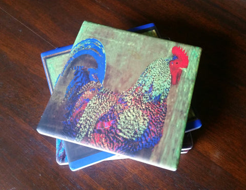 Set of 4 Sandstone Coasters. Bert the Rooster. Solid Cork Backing.