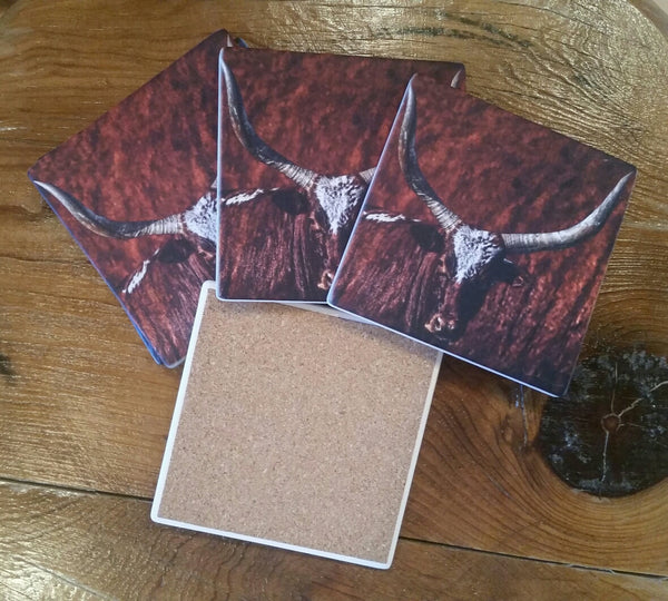 Set of 4 Sandstone Coasters Watoosie Red Bull, includes large, gorgeous tin holder. Solid Cork Backing.