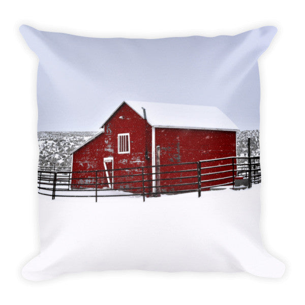 Red Barn in Winter Throw Pillow