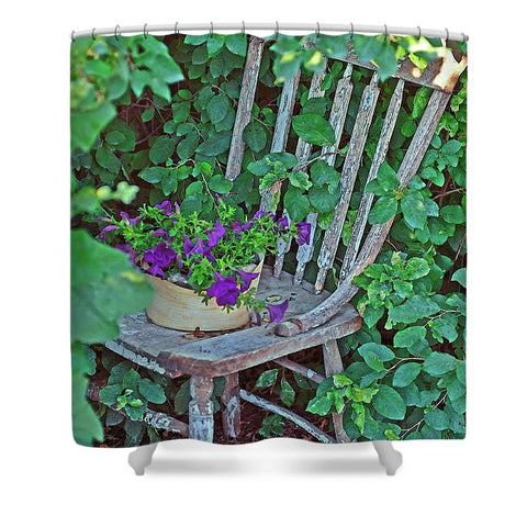 Old Chair New Petunias Shower Curtain