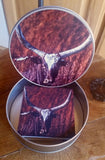 Set of 4 Sandstone Coasters Watoosie Red Bull, includes large, gorgeous tin holder. Solid Cork Backing.