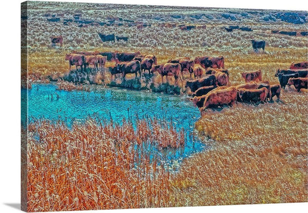Cattails, Cattle And Sage Canvas Print