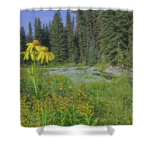 Gold And Pines Shower Curtain