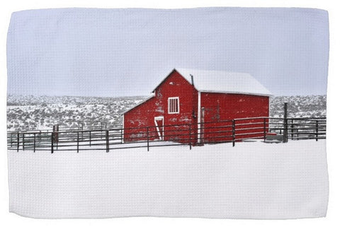 Red Barn in Winter Kitchen Towel