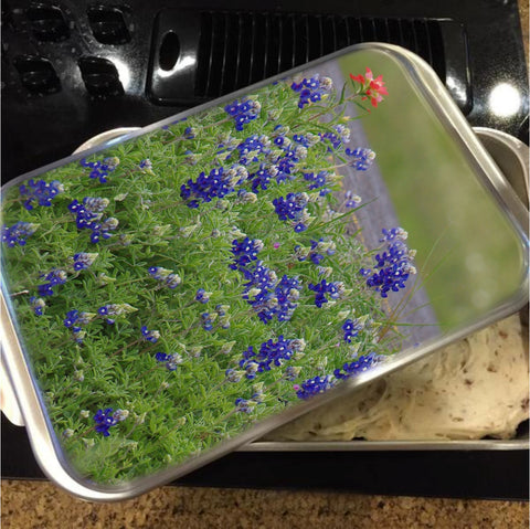 Red Paint Over Blue Bonnets Cake Pan with Lid