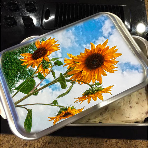 Sunflowers and Blue Cake Pan with Lid