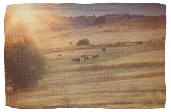 Sunset and Horses Kitchen Towel