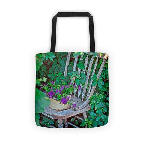 Old Chair New Petunias Tote bag