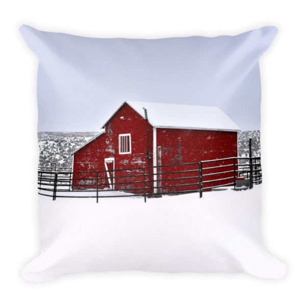 Red Barn in Winter Throw Pillow