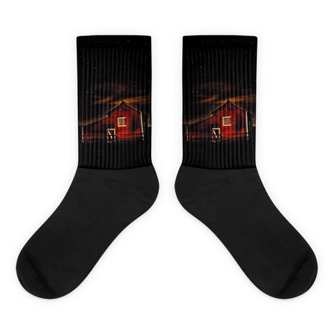 Red Barn at Midnight - Black foot socks